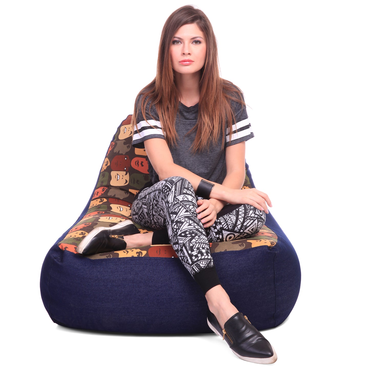 Style Homez Urban Design Denim Canvas Abstract Printed Chair Bean Bag XXL Size Filled with Beans Fillers