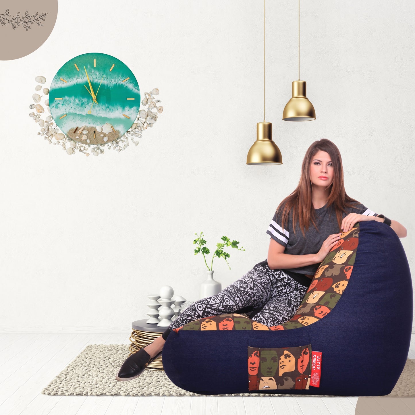 Style Homez Urban Design Denim Canvas Abstract Printed Chair Bean Bag XXL Size Filled with Beans Fillers