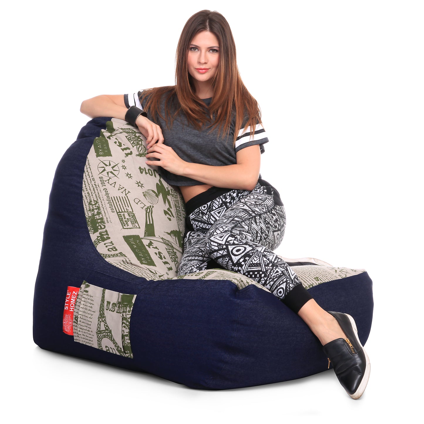 Style Homez Urban Design Denim Canvas Abstract Printed Chair Bean Bag XXL Size Filled with Beans Fillers
