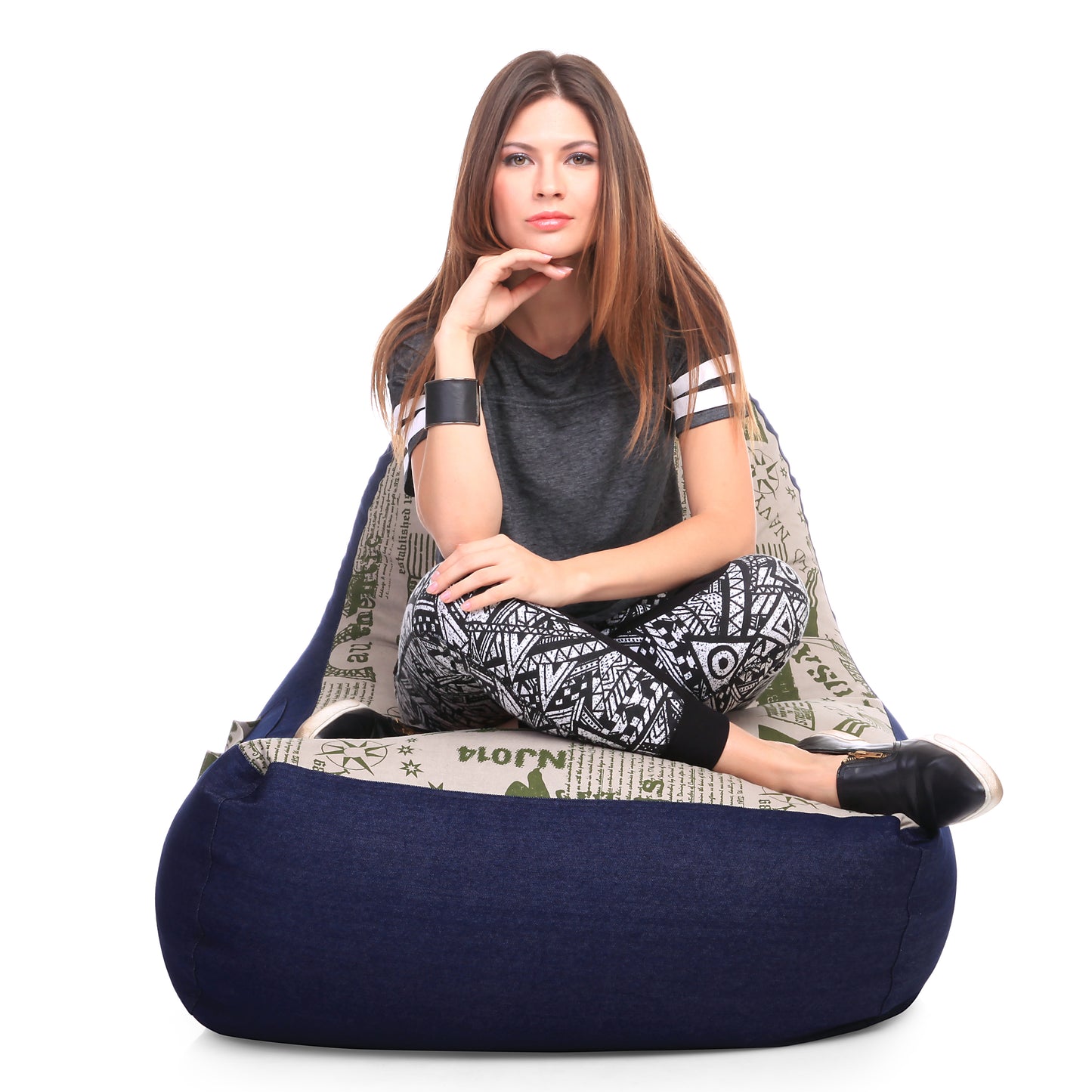 Style Homez Urban Design Denim Canvas Abstract Printed Chair Bean Bag XXL Size Filled with Beans Fillers