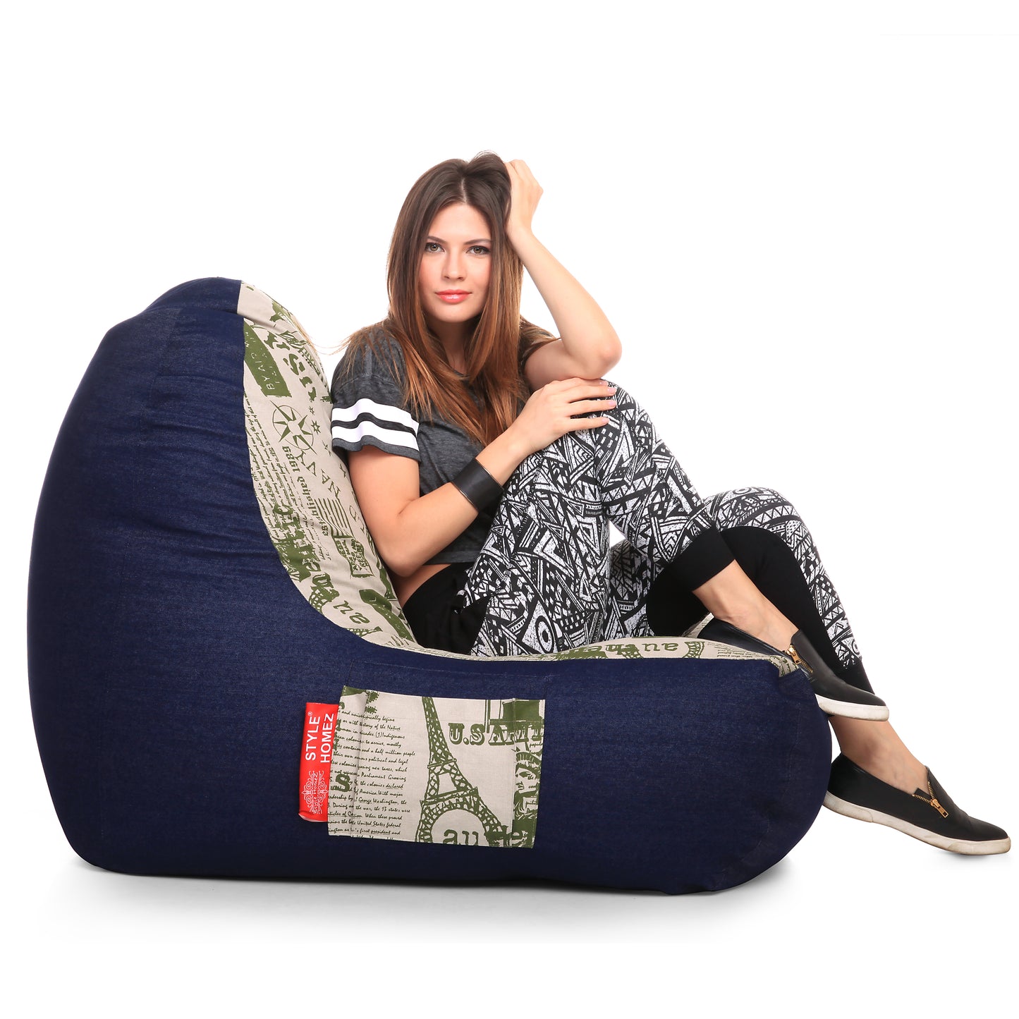 Style Homez Urban Design Denim Canvas Abstract Printed Chair Bean Bag XXL Size Filled with Beans Fillers