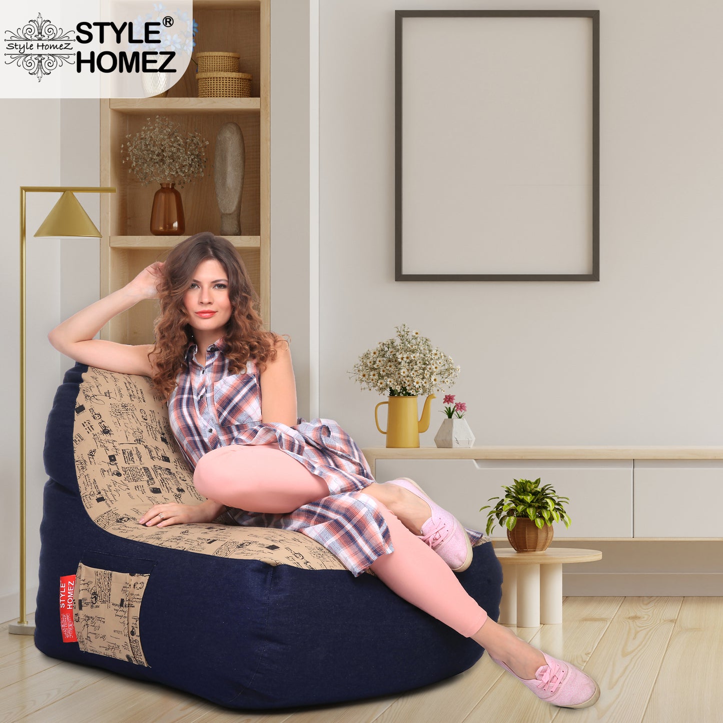 Style Homez Urban Design Denim Canvas Abstract Printed Chair Bean Bag XXL Size Filled with Beans Fillers