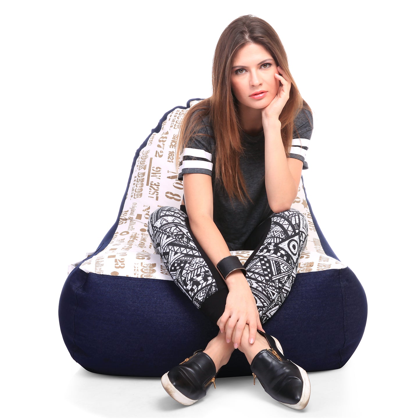 Style Homez Urban Design Denim Canvas Abstract Printed Chair Bean Bag XXL Size Filled with Beans Fillers