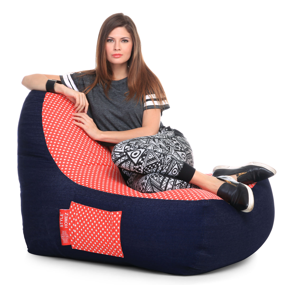 Style Homez Urban Design Denim Canvas Polka Dots Printed Chair Bean Bag XXL Size Cover Only