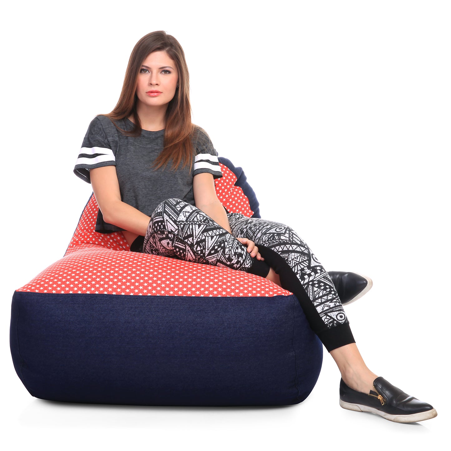 Style Homez Urban Design Denim Canvas Star Printed Chair Bean Bag XXL Size Filled with Beans Fillers