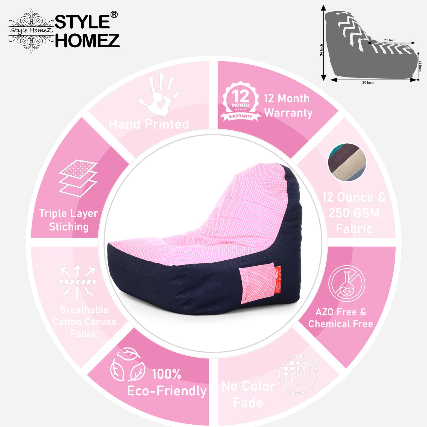 Style Homez Urban Design Denim Canvas Polka Dots Printed Chair Bean Bag XXL Size Filled with Beans Fillers