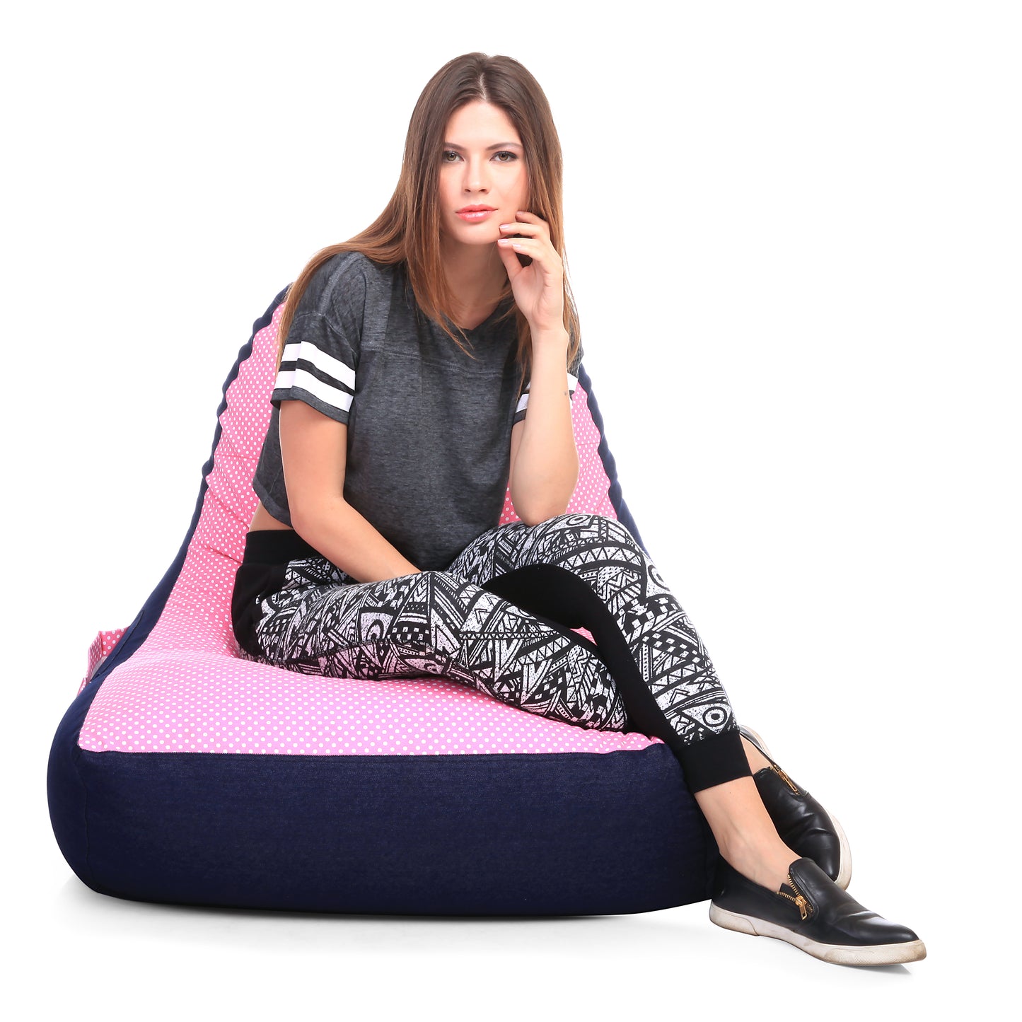 Style Homez Urban Design Denim Canvas Polka Dots Printed Chair Bean Bag XXL Size Filled with Beans Fillers