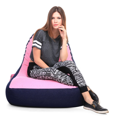 Style Homez Urban Design Denim Canvas Polka Dots Printed Chair Bean Bag XXL Size Filled with Beans Fillers