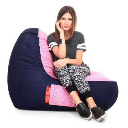 Style Homez Urban Design Denim Canvas Polka Dots Printed Chair Bean Bag XXL Size Filled with Beans Fillers