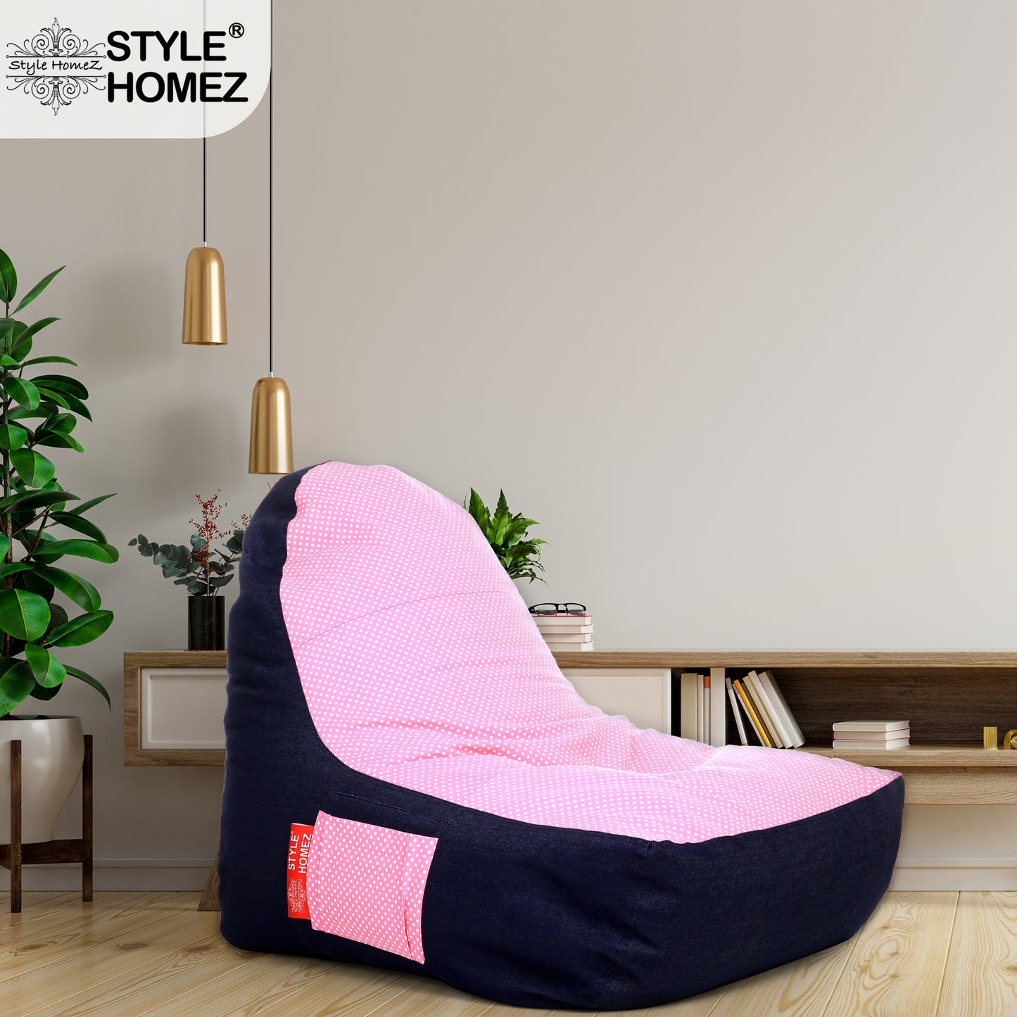 Style Homez Urban Design Denim Canvas Polka Dots Printed Chair Bean Bag XXL Size Filled with Beans Fillers