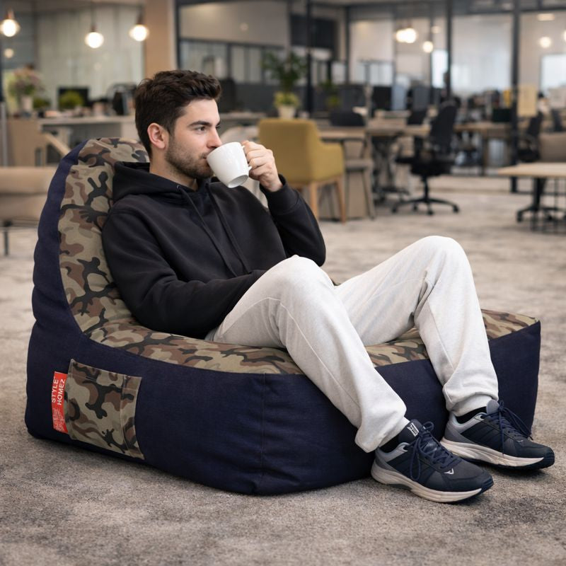 Style Homez Urban Design Denim Canvas Camouflage Printed Chair Bean Bag XXL Size Filled with Beans Fillers
