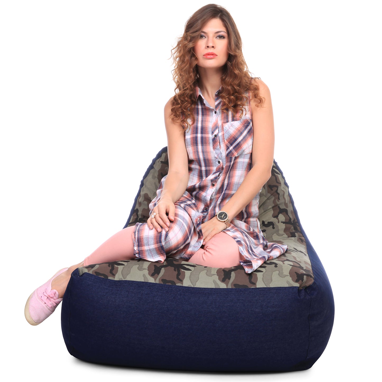 Style Homez Urban Design Denim Canvas Camouflage Printed Chair Bean Bag XXL Size Filled with Beans Fillers