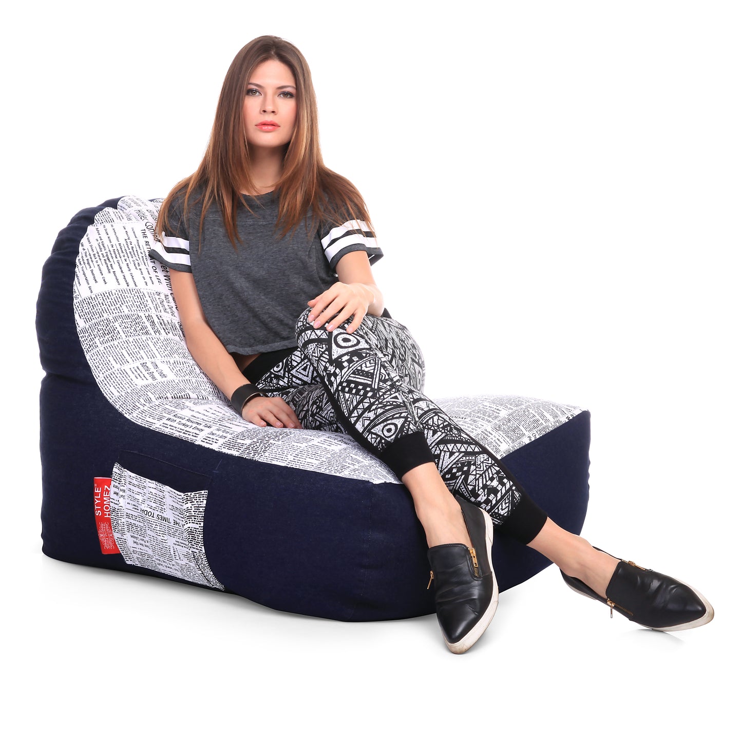Style Homez Urban Design Denim Canvas Newspaper Printed Chair Bean Bag XXL Size Filled with Beans Fillers