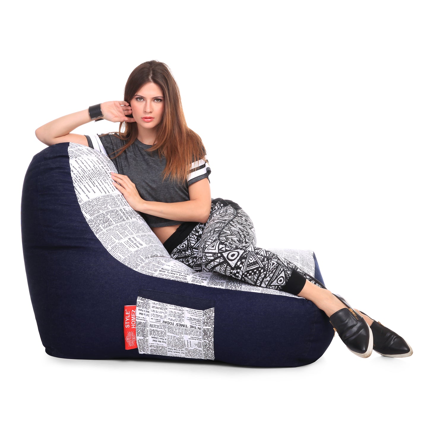 Style Homez Urban Design Denim Canvas Newspaper Printed Chair Bean Bag XXL Size Filled with Beans Fillers