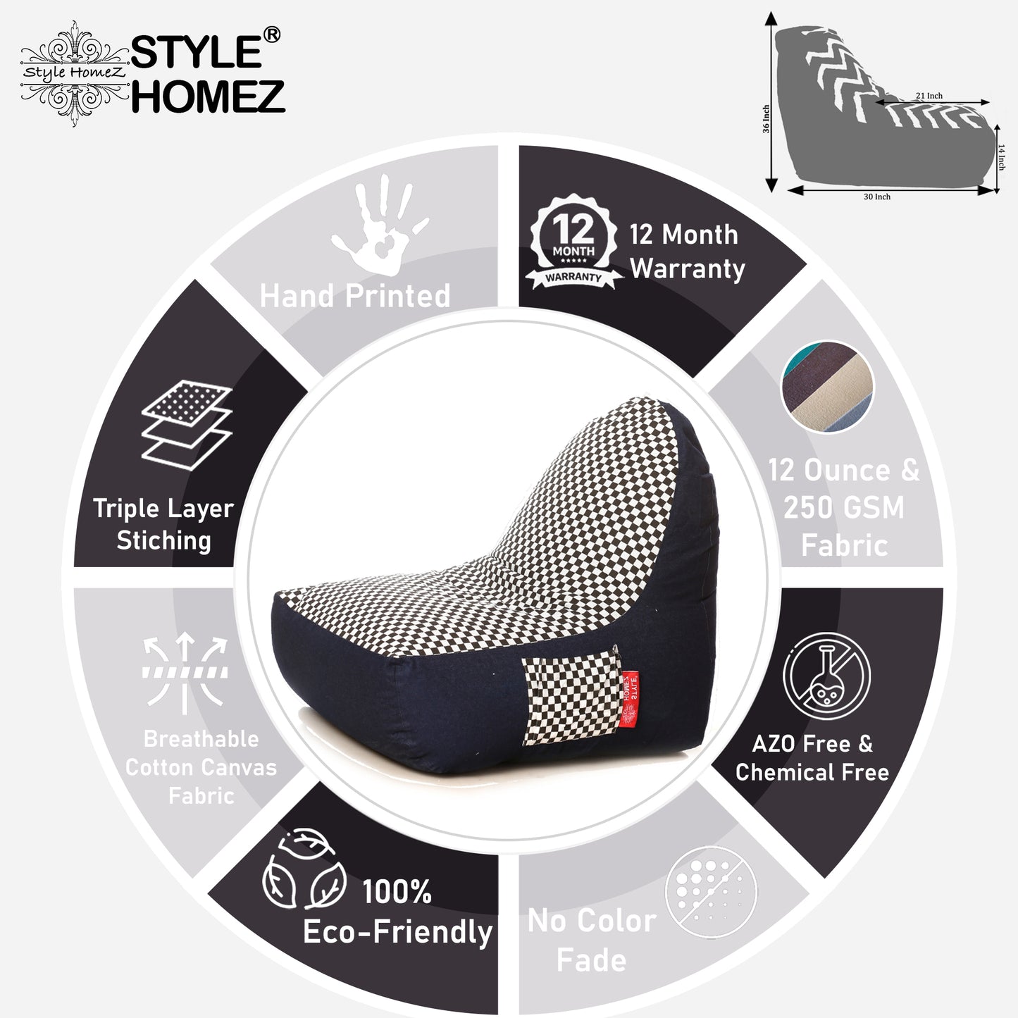 Style Homez Urban Design Denim Canvas Checkered Printed Chair Bean Bag XXL Size Filled with Beans Fillers