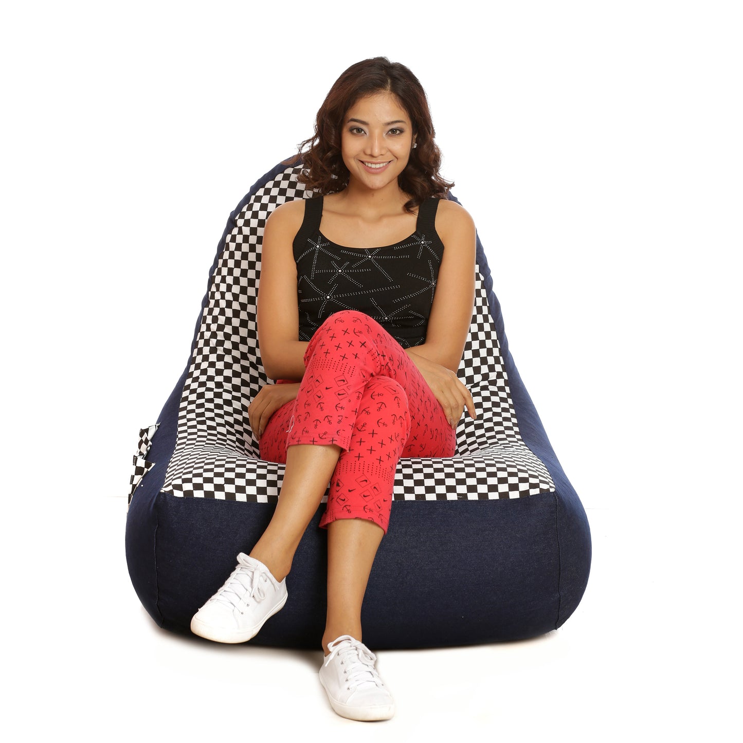 Style Homez Urban Design Denim Canvas Checkered Printed Chair Bean Bag XXL Size Filled with Beans Fillers