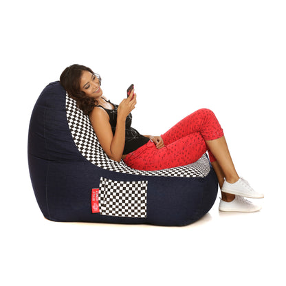 Style Homez Urban Design Denim Canvas Checkered Printed Chair Bean Bag XXL Size Filled with Beans Fillers