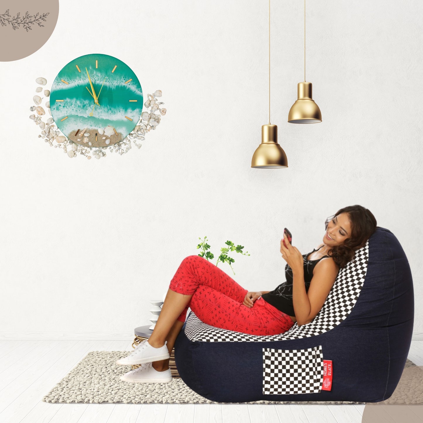 Style Homez Urban Design Denim Canvas Checkered Printed Chair Bean Bag XXL Size Filled with Beans Fillers