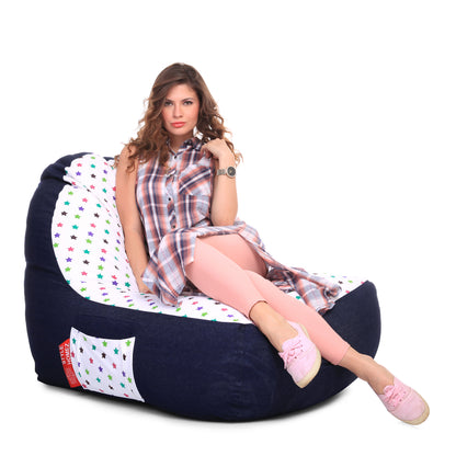 Style Homez Urban Design Denim Canvas Star Printed Chair Bean Bag XXL Size Filled with Beans Fillers