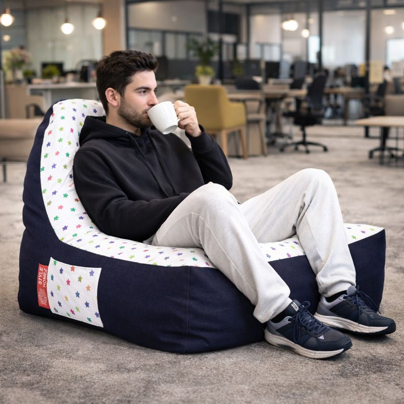 Style Homez Urban Design Denim Canvas Star Printed Chair Bean Bag XXL Size Filled with Beans Fillers