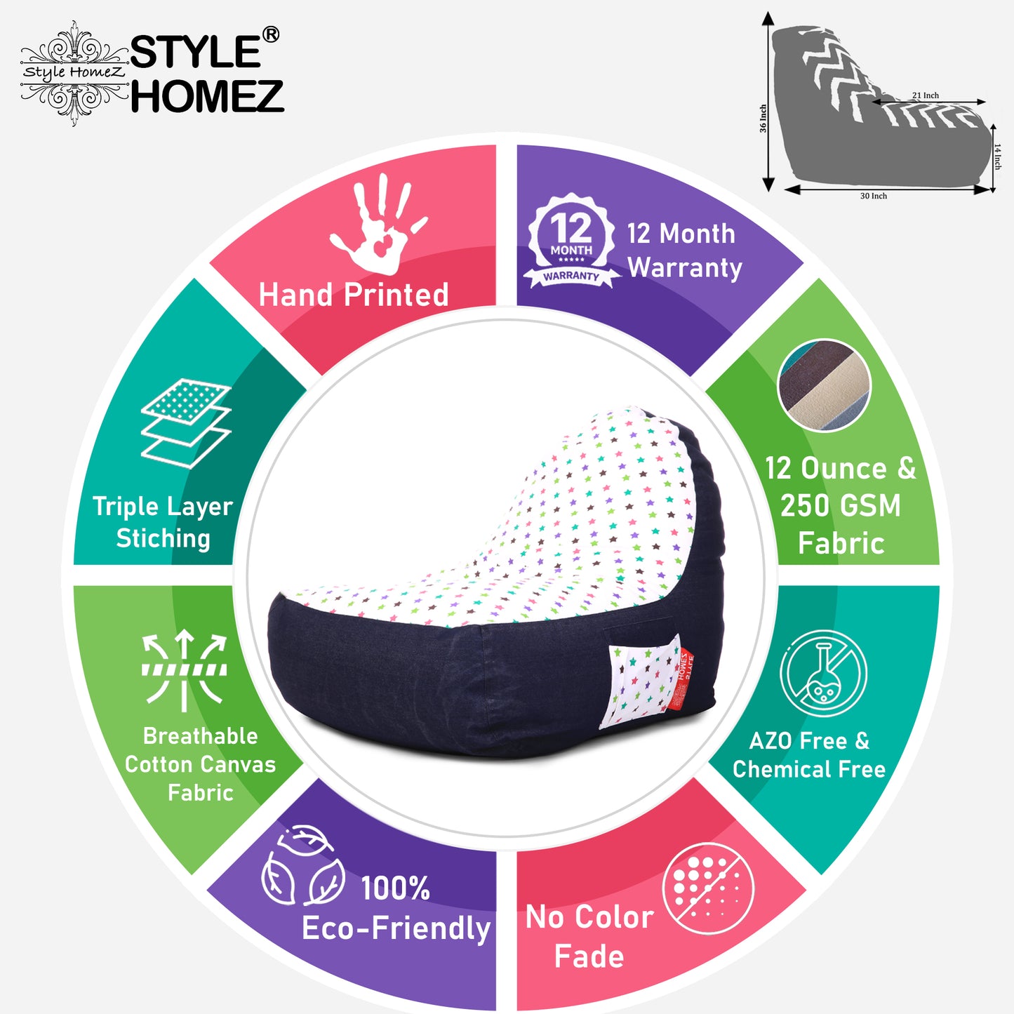 Style Homez Urban Design Denim Canvas Star Printed Chair Bean Bag XXL Size Filled with Beans Fillers