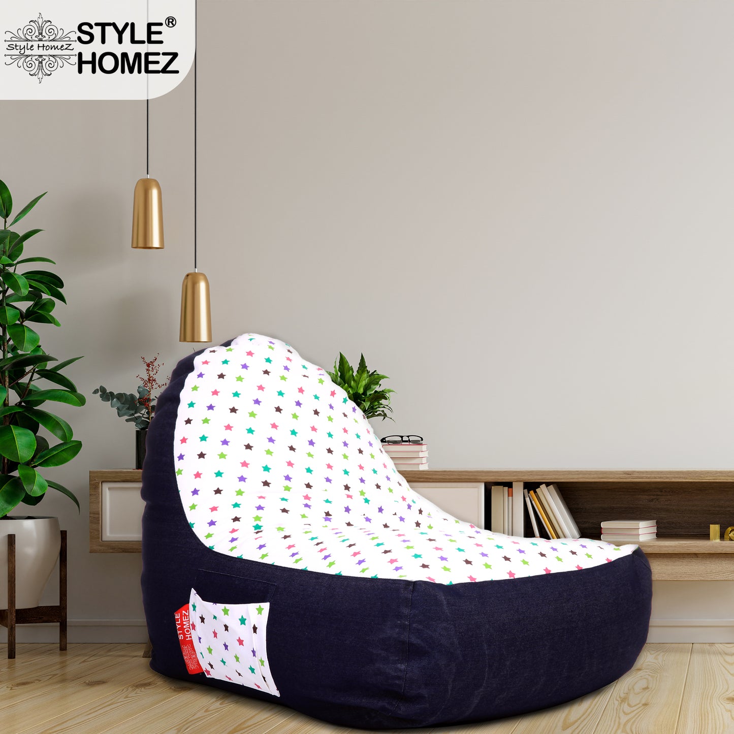 Style Homez Urban Design Denim Canvas Star Printed Chair Bean Bag XXL Size Filled with Beans Fillers