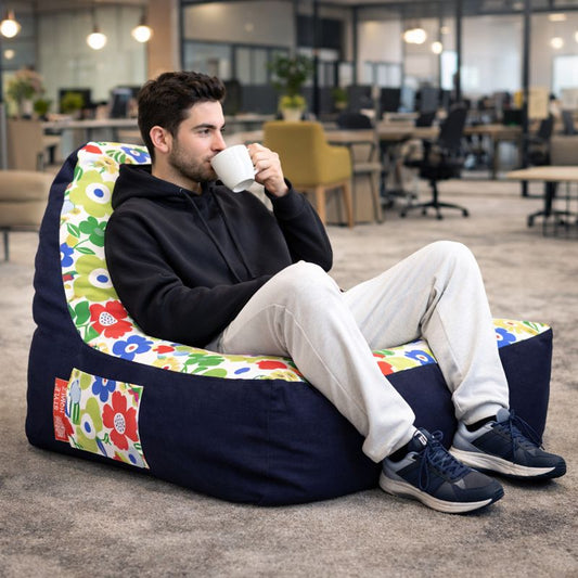Style Homez Urban Design Denim Canvas Floral Printed Chair Bean Bag XXL Size Filled with Beans Fillers