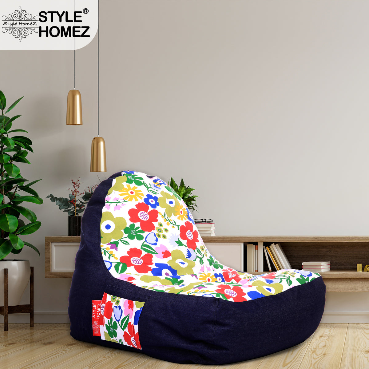 Style Homez Urban Design Denim Canvas Floral Printed Chair Bean Bag XXL Size Cover Only