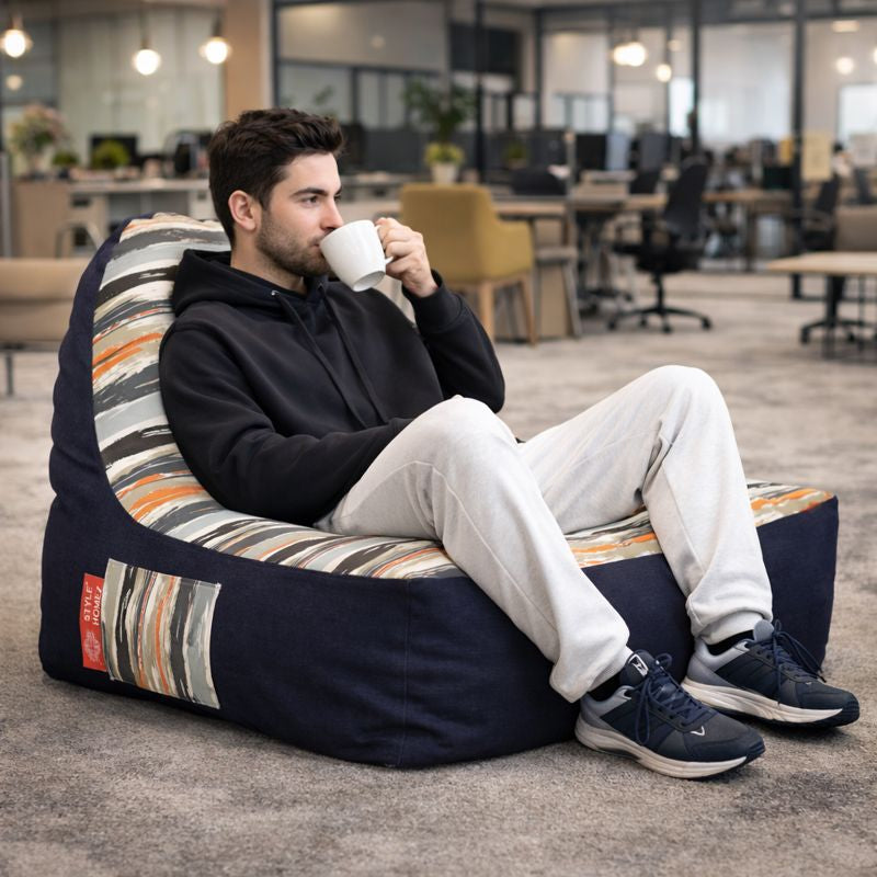 Style Homez Urban Design Denim Canvas Stripes Printed Bean Bag XXL Size Filled with Beans Fillers