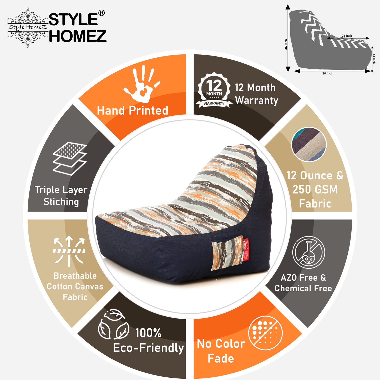 Style Homez Urban Design Denim Canvas Stripes Printed Bean Bag XXL Size Filled with Beans Fillers