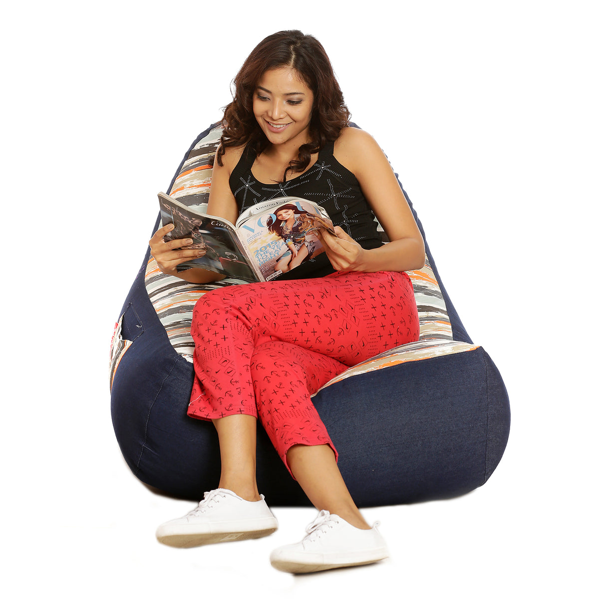 Style Homez Urban Design Denim Canvas Stripes Printed Bean Bag XXL Size Cover Only