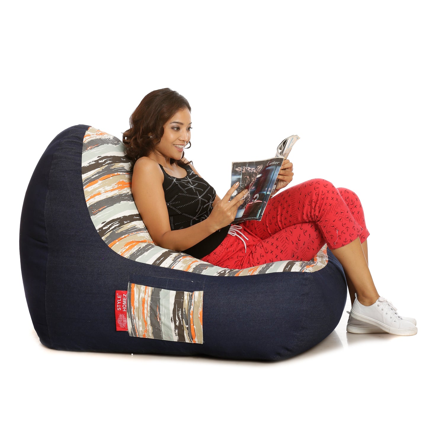 Style Homez Urban Design Denim Canvas Stripes Printed Bean Bag XXL Size Filled with Beans Fillers