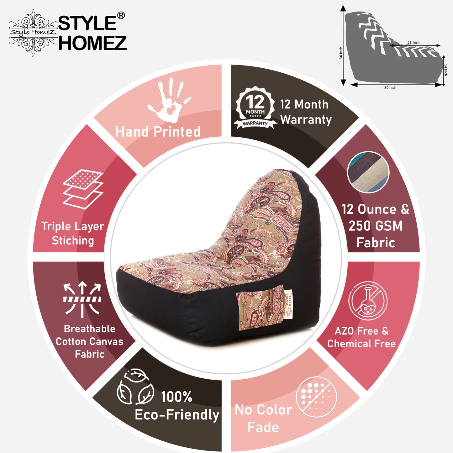 Style Homez Urban Design Denim Canvas Paisley Printed Bean Bag XXL Size Filled with Beans Fillers