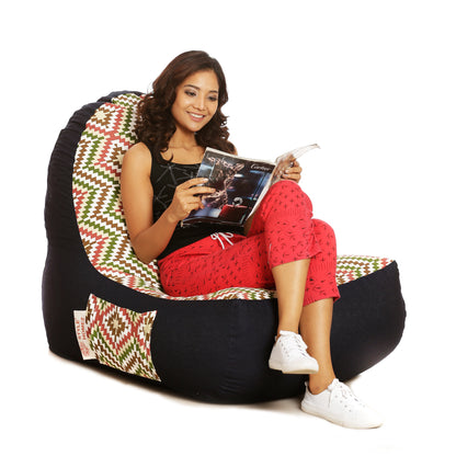 Style Homez Urban Design Denim Canvas IKAT Printed Bean Bag XXL Size Filled with Beans Fillers