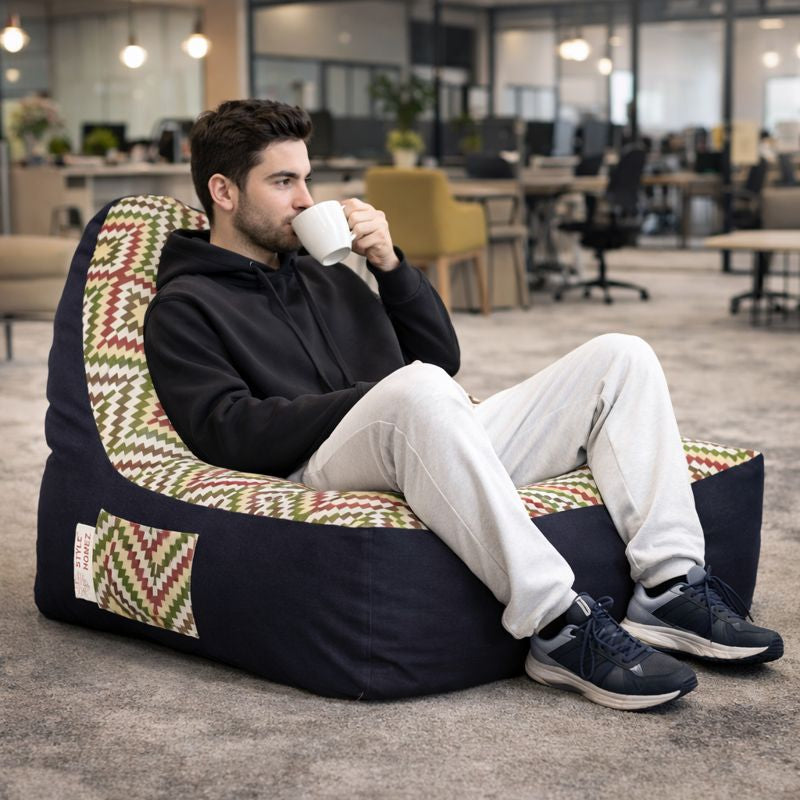 Style Homez Urban Design Denim Canvas IKAT Printed Bean Bag XXL Size Filled with Beans Fillers