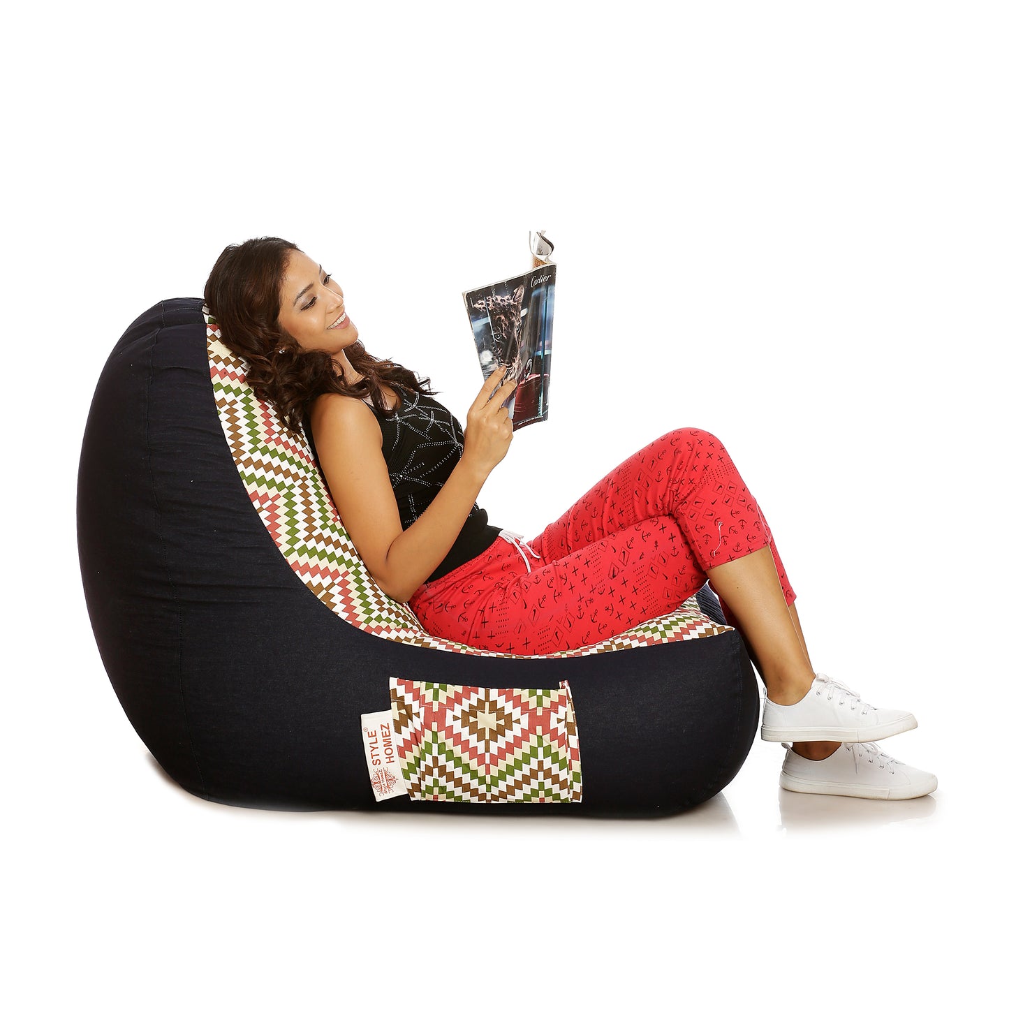 Style Homez Urban Design Denim Canvas IKAT Printed Bean Bag XXL Size Filled with Beans Fillers