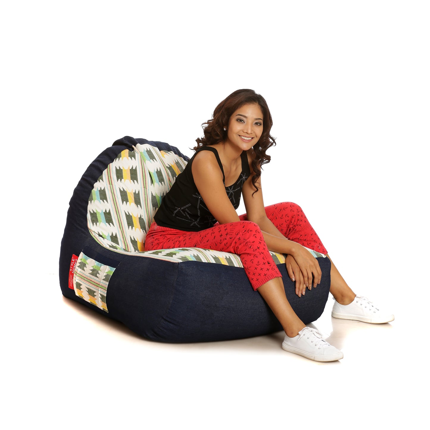 Style Homez Urban Design Denim Canvas IKAT Printed Bean Bag XXL Size Filled with Beans Fillers