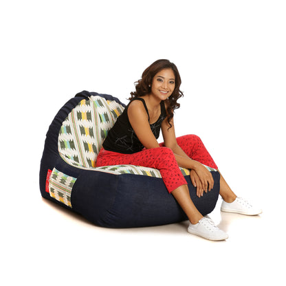 Style Homez Urban Design Denim Canvas IKAT Printed Bean Bag XXL Size Filled with Beans Fillers