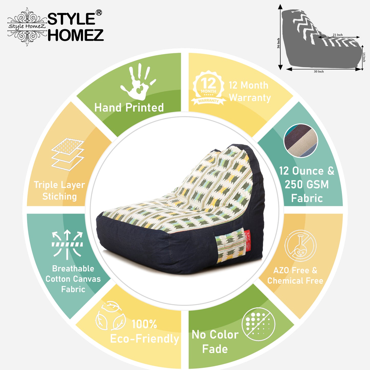 Style Homez Urban Design Denim Canvas IKAT Printed Bean Bag XXL Size Filled with Beans Fillers