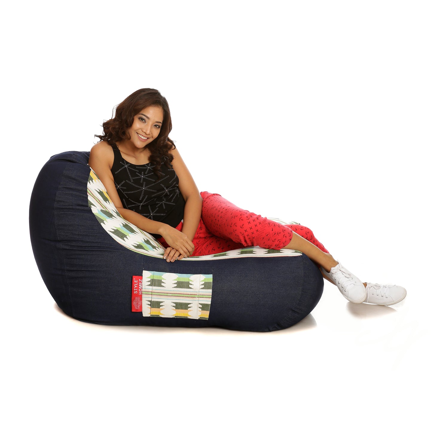 Style Homez Urban Design Denim Canvas IKAT Printed Bean Bag XXL Size Filled with Beans Fillers
