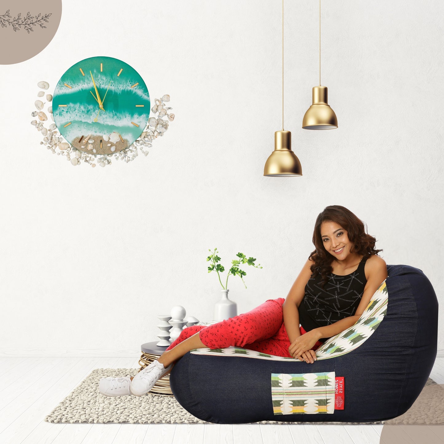 Style Homez Urban Design Denim Canvas IKAT Printed Bean Bag XXL Size Filled with Beans Fillers