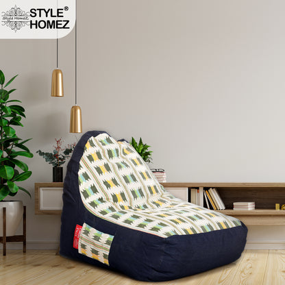 Style Homez Urban Design Denim Canvas IKAT Printed Bean Bag XXL Size Filled with Beans Fillers
