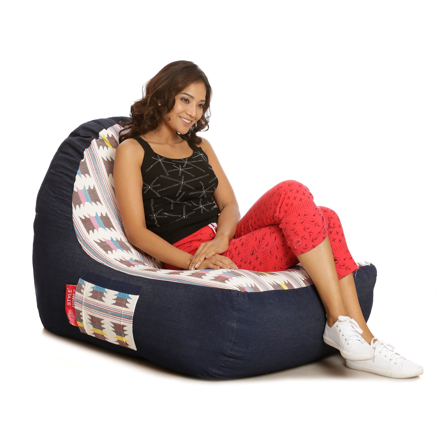 Style Homez Urban Design Denim Canvas IKAT Printed Bean Bag XXL Size Filled with Beans Fillers