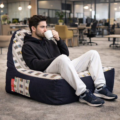 Style Homez Urban Design Denim Canvas IKAT Printed Bean Bag XXL Size Filled with Beans Fillers