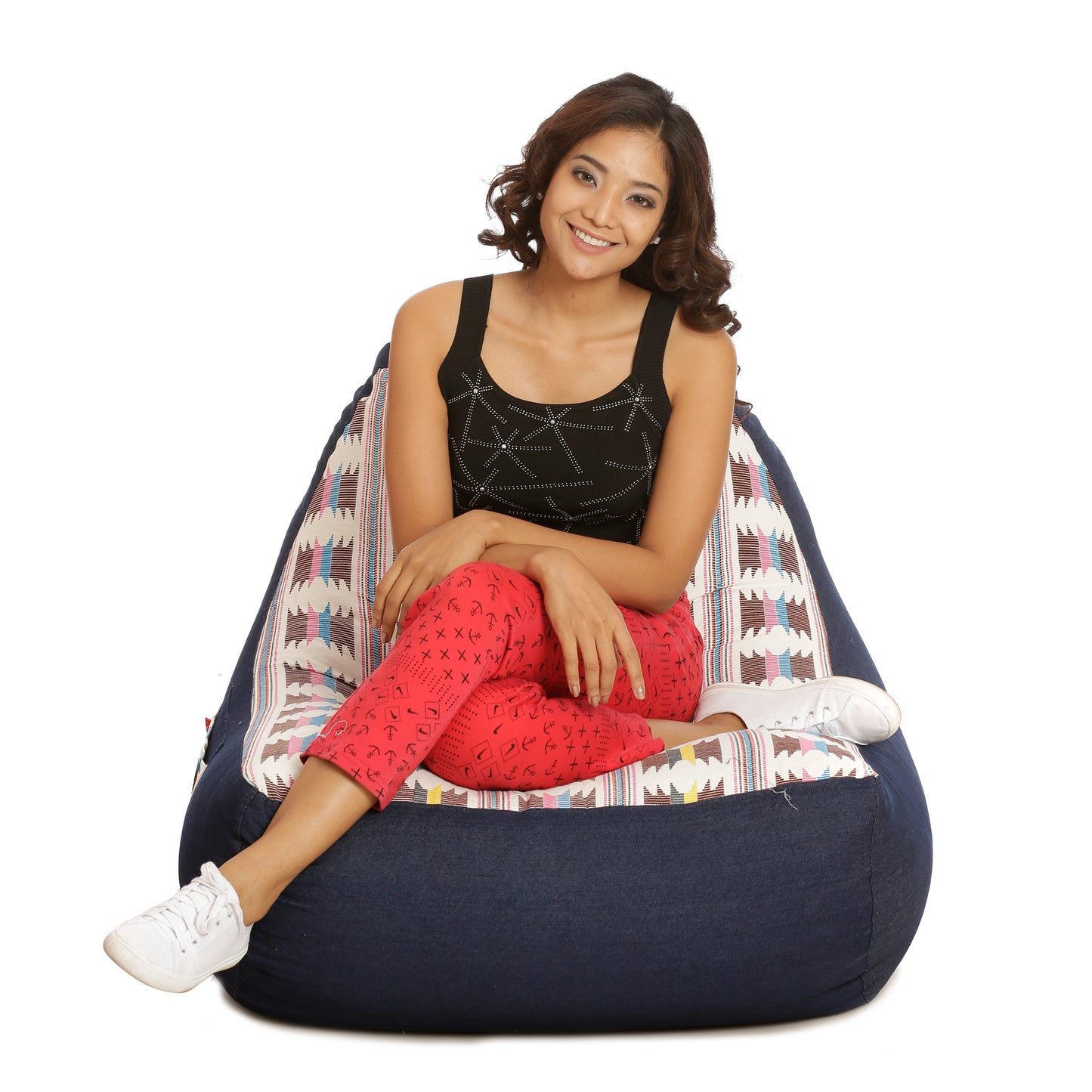 Style Homez Urban Design Denim Canvas IKAT Printed Bean Bag XXL Size Filled with Beans Fillers