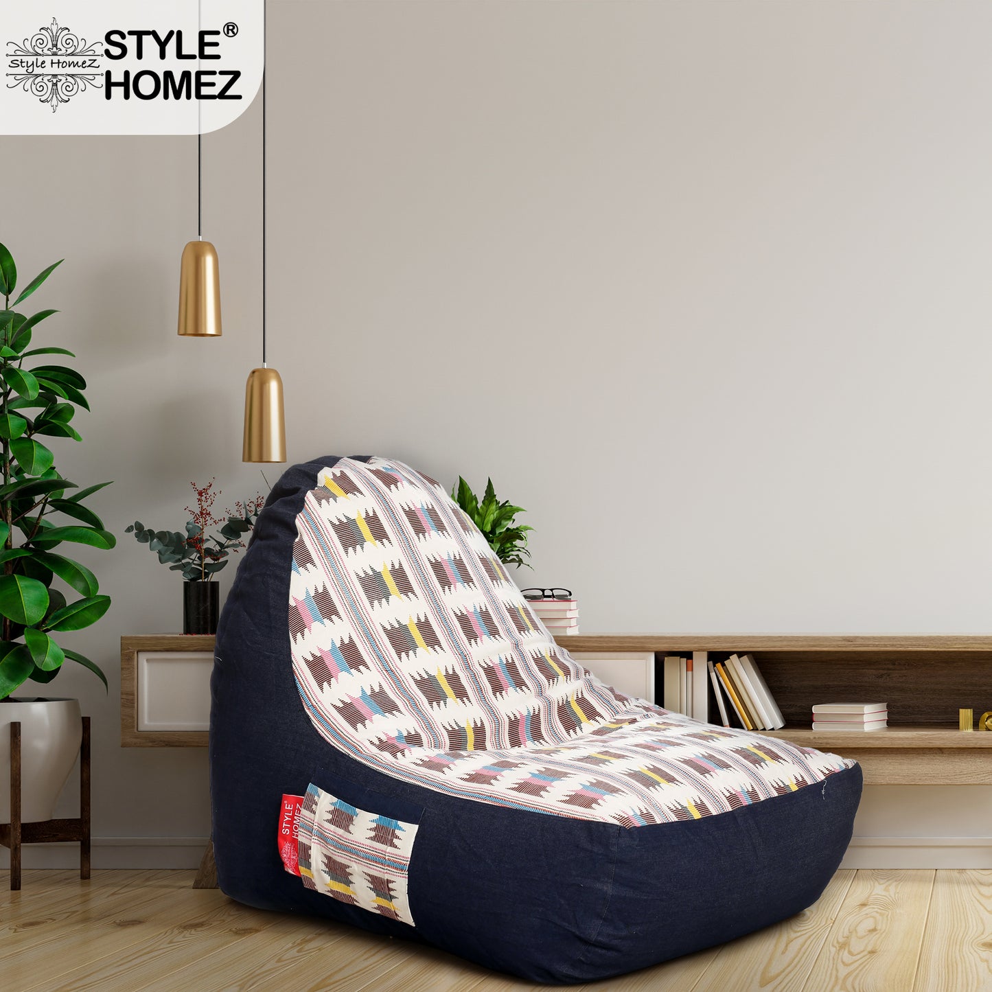 Style Homez Urban Design Denim Canvas IKAT Printed Bean Bag XXL Size Filled with Beans Fillers
