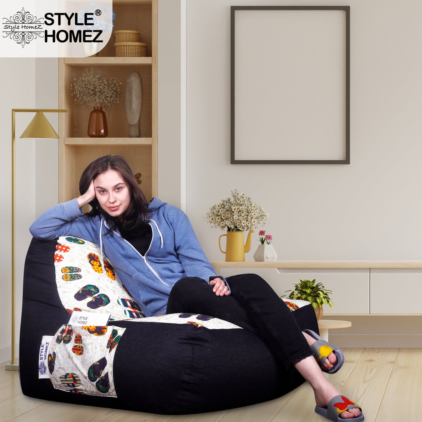 Style Homez Urban Design Denim Canvas Abstract Printed Bean Bag XXL Size Filled with Beans Fillersr