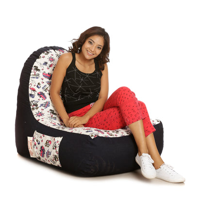 Style Homez Urban Design Denim Canvas Abstract Printed Bean Bag XXL Size Filled with Beans Fillers