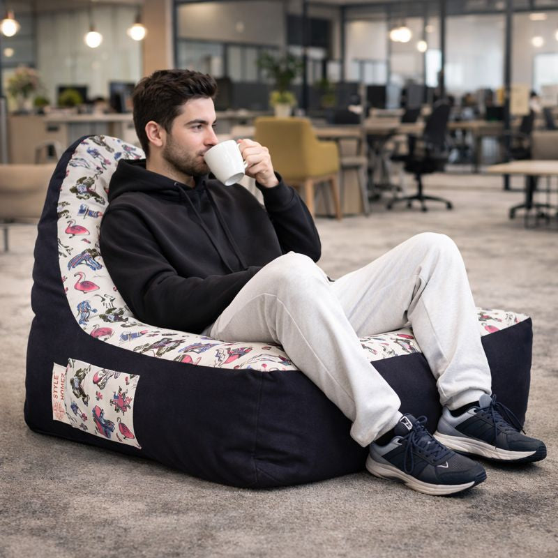 Style Homez Urban Design Denim Canvas Abstract Printed Bean Bag XXL Size Filled with Beans Fillers