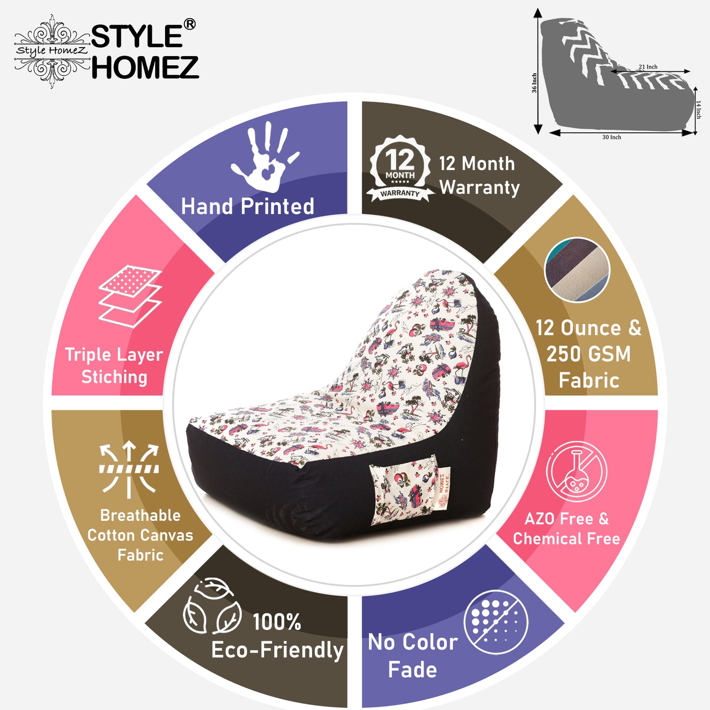 Style Homez Urban Design Denim Canvas Abstract Printed Bean Bag XXL Size Filled with Beans Fillers